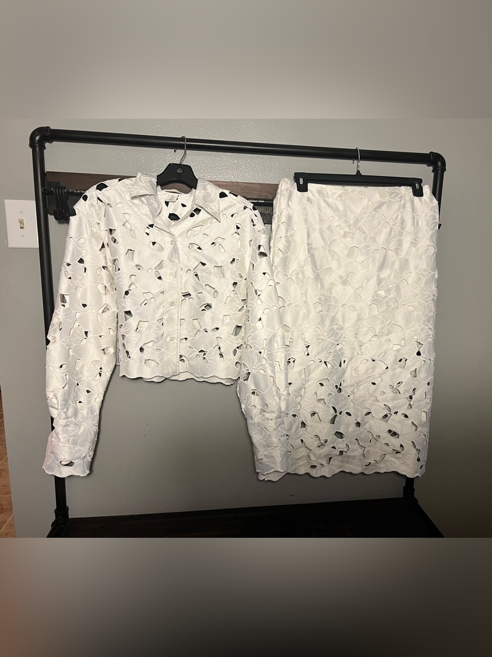 Women's White BRODERIE ANGLAISE SATIN SHIRT and Skirt - Elegant Feminine Design - Picture 2 of 10